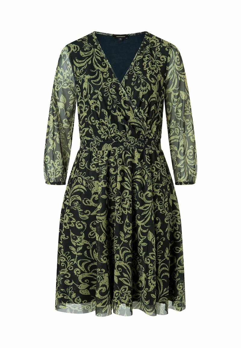 Zwarte jurk met een groen bloemenpatroon, V-hals, driekwart doorschijnende mouwen, elastische taille en uitlopende rok. Lichtgewicht stof.