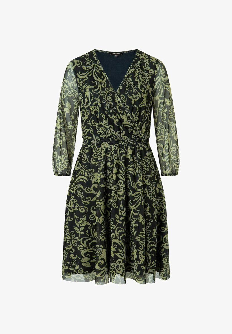 Robe noire avec un imprimé floral vert, décolleté en V, manches transparentes trois-quarts, taille élastiquée et jupe évasée. Tissu léger.