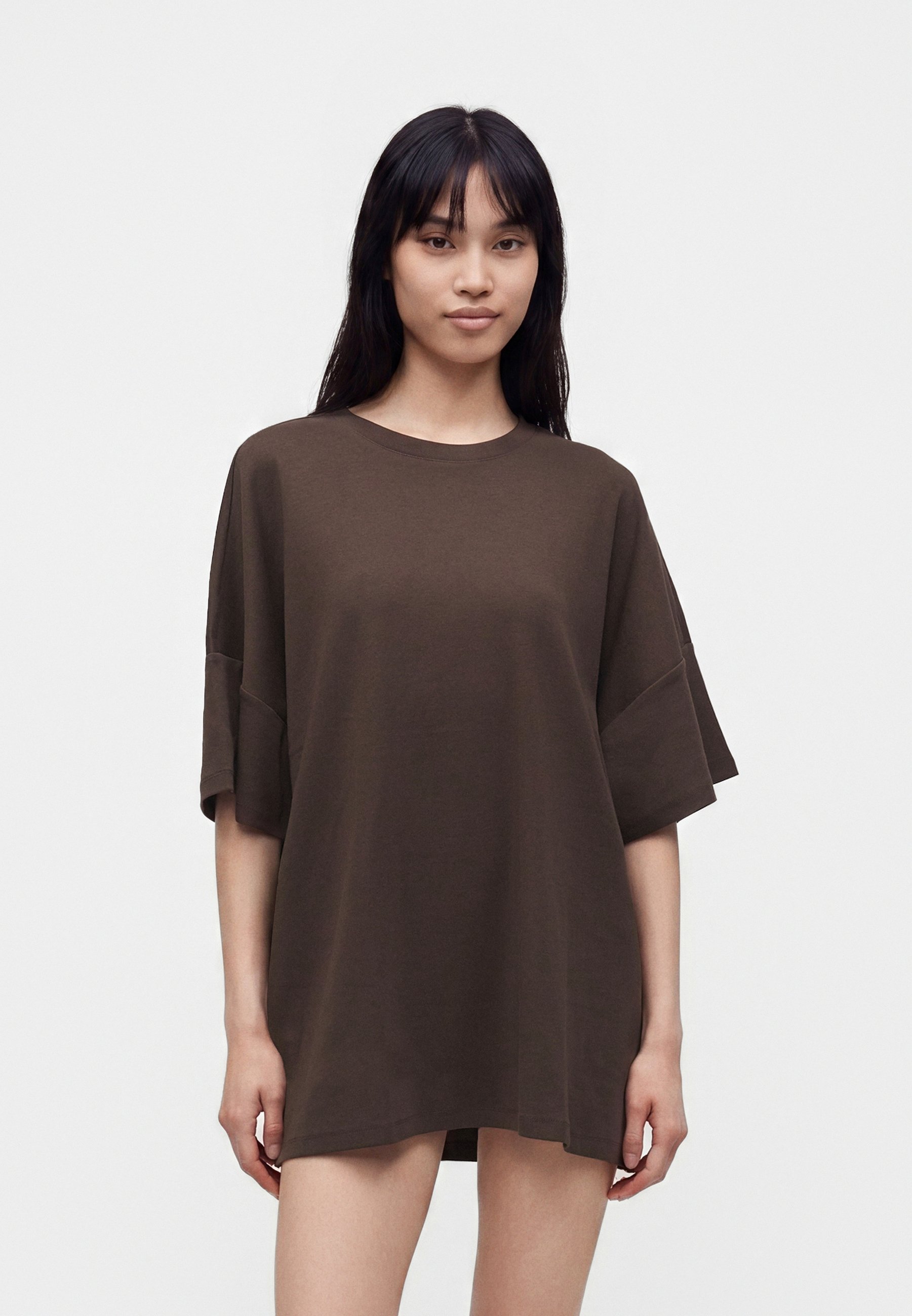 chocolate brown t shirt dress Noisy May NMMOCCA BOXY TEE - Robe t-shirt Knit Wingtip Shoes With Jeans Lace Variant:Peacock size 0