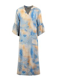 Langes blaue und beige Kleid mit V-Ausschnitt, weit ausgestellten Ärmeln und wellenförmigem Muster. Hergestellt aus leichtem Stoff mit glatter Textur.