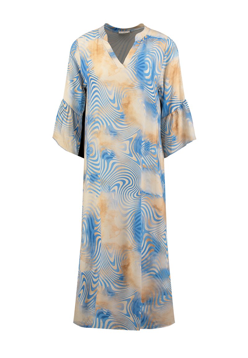 Langes blaue und beige Kleid mit V-Ausschnitt, weit ausgestellten Ärmeln und wellenförmigem Muster. Hergestellt aus leichtem Stoff mit glatter Textur.