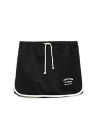 Zwarte sportrok met elastische tailleband en witte trekkoord. Bevat witte accenten langs de zoom en het geprinte 'Tennis Seizoen' logo.