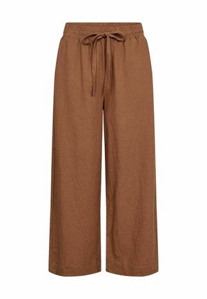 Pantalones marrones de pierna ancha y ajuste holgado, con cintura elástica y cordón frontal, hechos de tela ligera.