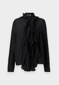 Blusa negra de manga larga con cuello alto con volantes y gran detalle delantero de lazo con volantes, tela lisa, puños entallados.
