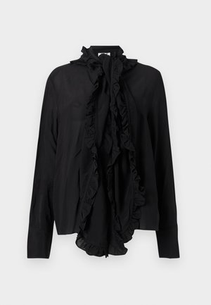 Bluză neagră cu mâneci lungi, guler înalt cu volane și detaliu mare cu fundă volanată în față, material neted, manșete croite.