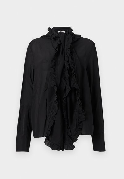 Μαύρο μπλουζάκι μακρυμάνικο με βολάν γύρω από το ψηλό γιακά και μεγάλο βολάν στη μπροστινή ζώνη, υφασμάτινη υφή, ραμμένα μανσέτες.