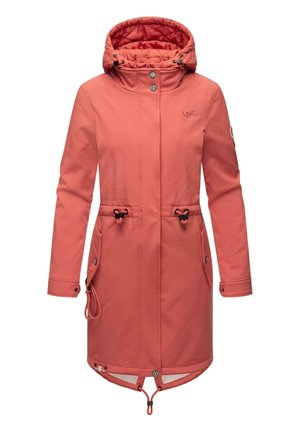 Őszibarack színű kabát, steppelt kapucnival, húzózsinórral ellátott derékrésszel és két oldalzsebbel. Kapoccsal és cipzárral záródik, ívelt aljjal rendelkezik.