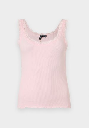Light pink ribbed tank top with lace trim along neckline and straps, sleeveless with a fitted silhouette.