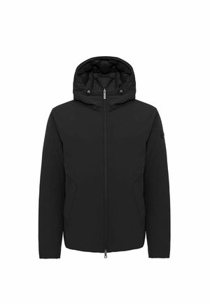 Schwarze isolierte Jacke mit Kapuze, ausgestattet mit einem Front-Reißverschluss und seitlichen Taschen. Der Stoff wirkt glatt mit einem matten Finish.