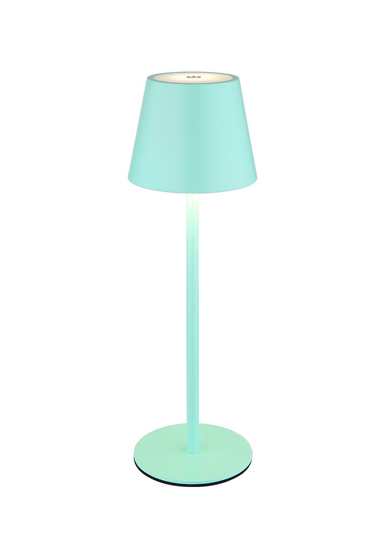 Tischlampe mit einem mintgrünen Metallschirm und -fuß, zylindrischem Stiel und einer strukturierten Oberfläche. Verfügt über eine runde Oberseite und eine integrierte Lichtquelle.