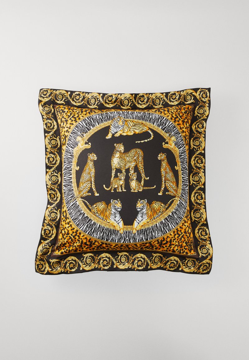 Black decorative pillow featuring gold and animal prints, including leopards and tigers, with a patterned border and smooth texture.