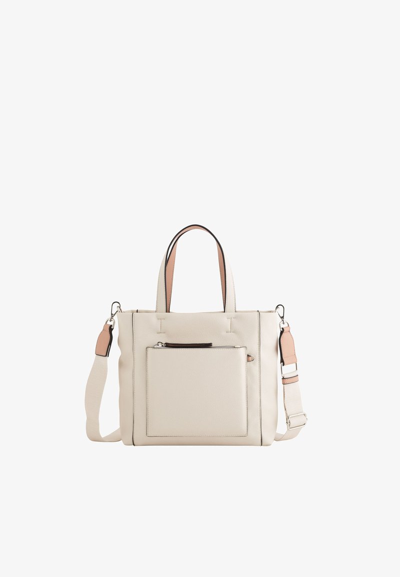 Geantă tote din piele bej cu două mânere și curea de umăr ajustabilă. Dispune de un buzunar frontal cu fermoar și un design minimalist cu accente subtile.