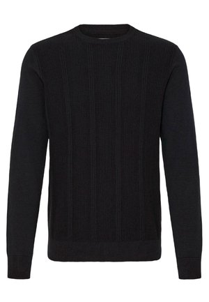 Black ribbed knit sweater with long sleeves and a round neck. Features vertical texture and fitted cuffs and hem. No visible brand markings.