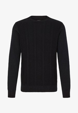 Black ribbed knit sweater with long sleeves and a round neck. Features vertical texture and fitted cuffs and hem. No visible brand markings.