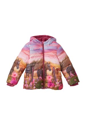 Doudoune à capuche pour enfant avec imprimé cheval au coucher du soleil et fleurs, fermeture éclair à l'avant, deux poches zippées roses et poignets côtelés.