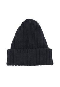 Beanie lavorato a maglia di un blu navy scuro, caratterizzato da una texture a coste e un risvolto. Il design è semplice con una parte superiore morbida.