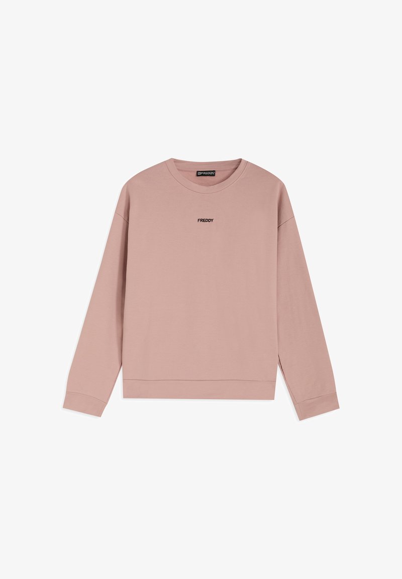 Sudadera rosa con mangas largas, escote redondo y corte ligeramente cropped. Presenta un pequeño logo negro "FREDDY" en el pecho.