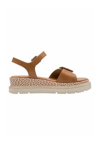Sandal in pelle marrone con una larga cintura e fibbia. Presenta una suola decorata in crema e terracotta, con una base spessa e ammortizzata.