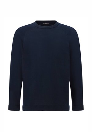 Pull à manches longues bleu marine en tissu doux, avec un col rond, des manches raglan et des poignets et un ourlet côtelés.