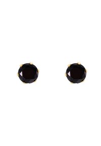 Boucles d'oreilles rondes noires avec une surface facettée, montées en métal doré avec six accents en griffes, finition lisse, design symétrique.