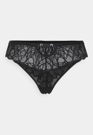 Schwarzer Spitzen-String mit floralen Mustern, einem V-förmigen Vorderteil und metallischen Ösen. Weiches, durchscheinendes Material und elastischer Bund.