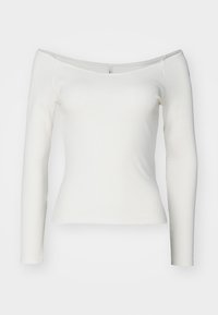 Weißes schulterfreies Langarmtop aus geripptem Stoff, enganliegendes Design, mit weitem Ausschnitt und glatter Textur, ohne sichtbare Beschläge.