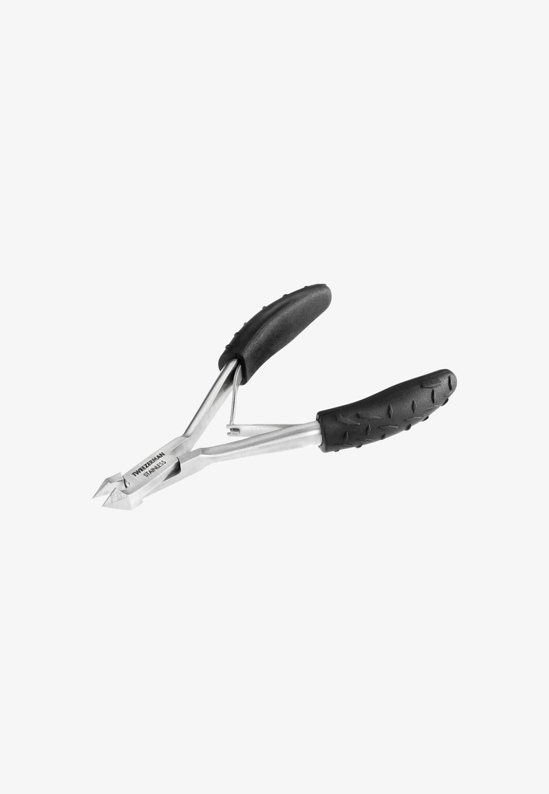 Stainless steel cuticle nipper with black textured rubber handles against a white background.