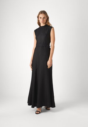 Black sleeveless maxi dress in a smooth, flowing fabric with a high neck and tie waist detail, featuring a slightly flared hemline.