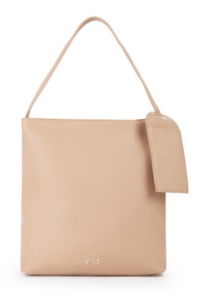 Beige leren schoudertas met een eenvoudig ontwerp, geperst label aan de zijkant en klein "V°73" logo onderaan in het midden.
