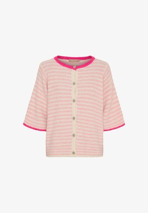 Lyserød og hvid stribet cardigan med korte ærmer, knappet foran og med lyserød kant på krave og ærmekanter.