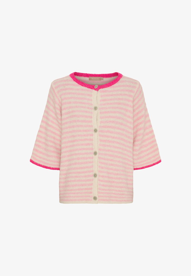 Lyserød og hvid stribet cardigan med korte ærmer, knappet foran og med lyserød kant på krave og ærmekanter.