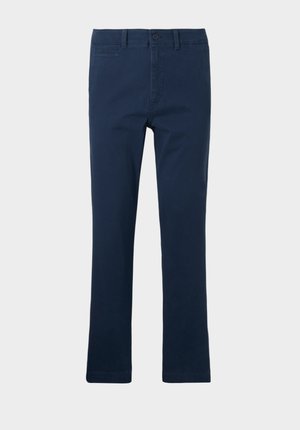 Pantaloni di cotone blu navy con design a gamba dritta, dotati di tasche frontali, chiusura con zip e un unico bottone di chiusura.
