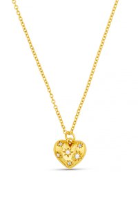 Pendentif cœur en or avec des détails en étoile, orné de pierres précieuses. Attaché à une chaîne délicate, présentant une finition polie.