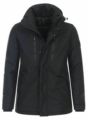 Black padded jacket with a high collar, zippered pockets, and button closure. Features a textured fabric and adjustable cuffs.