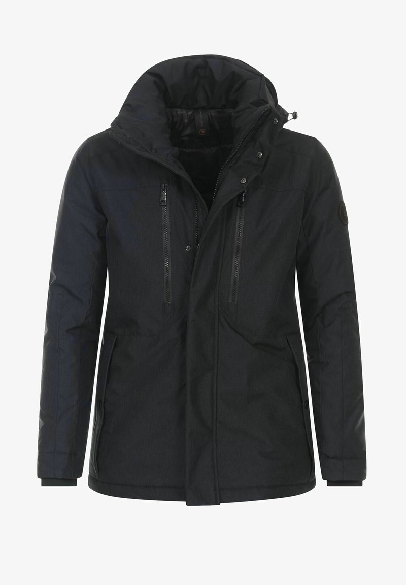 Black padded jacket with a high collar, zippered pockets, and button closure. Features a textured fabric and adjustable cuffs.