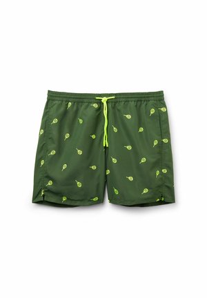 Green swim shorts with a drawstring waistband, featuring small yellow racket patterns throughout and a smooth, lightweight fabric.