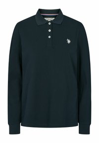 Langermet polo skjorte i mørk marinebomull, med knappestolpe, ribbet krage og brodert logo på brystet.