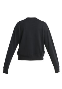Sudadera negra corta con mangas largas, puños acanalados y cuello redondo. Textura de tela suave, con un detalle de marca mínimo en el dobladillo.