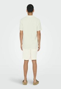 Ljust grön kortärmad skjorta med rak nederkant, kombinerad med ljusgräddfärgade shorts. Outfiten har ett texturerat tyg och platta skor.