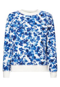 Blommig crewneck sweatshirt med en vit bas och livfulla blå blommönster, ribbade muddar och nederkant. Mjuk tyg med en avslappnad passform.