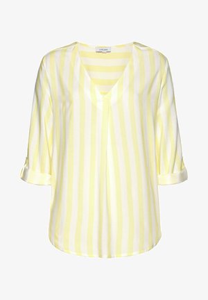 V-Ausschnitt, Bluse mit drei Viertelärmeln in blassgelb und weißen vertikalen Streifen. Leichter Stoff mit aufgerollten Ärmeldetails und lockerer Passform.