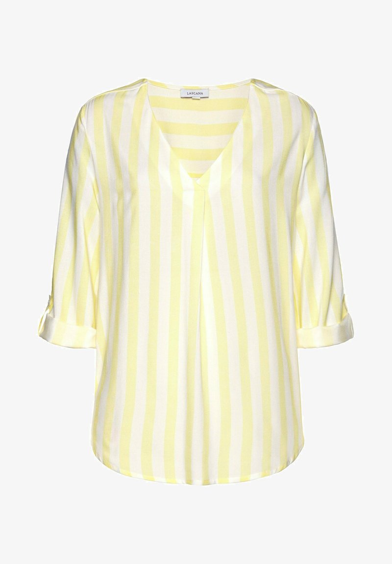 V-Ausschnitt, Bluse mit drei Viertelärmeln in blassgelb und weißen vertikalen Streifen. Leichter Stoff mit aufgerollten Ärmeldetails und lockerer Passform.