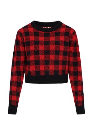 Rood en zwart geblokt cropped sweater met een geribbelde ronde hals en lange mouwen. Gebreide textuur met contrasterende kleurvlakken.
