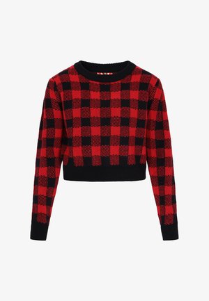 Punane ja must ruuduline lühike sviiter, millel on ribitud ümmargune kaelus ja pikad varrukad. Kootud tekstuur, kontrastsete värviplokidega.