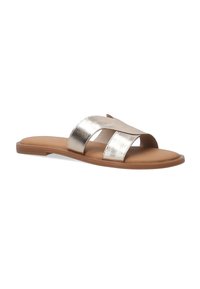 Metallic guld slidesandal med to brede stropper, blødt fodbedd og flad gummisål. Glat tekstur med en blank overflade.