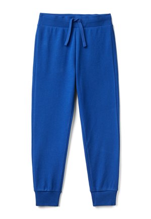 Pantaloni jogger in pile blu con vita elastica e cordoncino, con polsini a coste sulle caviglie, mostrati in posizione piatta su sfondo bianco.