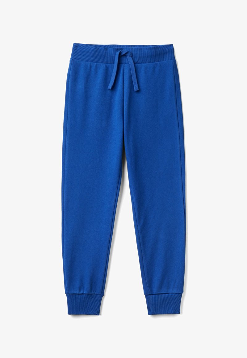 Pantaloni jogger in pile blu con vita elastica e cordoncino, con polsini a coste sulle caviglie, mostrati in posizione piatta su sfondo bianco.