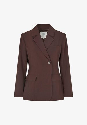 Brown blazer with a structured design, single button closure, two front pockets, and a notched lapel. Smooth fabric texture.