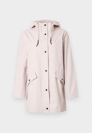 Ροζ ανοιχτόχρωμο αδιάβροχο με κουκούλα, εμπρόσθια κουμπιά με κούμπωμα, ρυθμιζόμενα κορδόνια και δύο πλαϊνές τσέπες με καπάκι και κουμπί κούμπωμα.