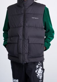 Gilet invernale nero con colletto alto, zip frontale e due grandi tasche; indossato sopra una maglietta verde a maniche lunghe. Tessuto piatto e trapuntato.